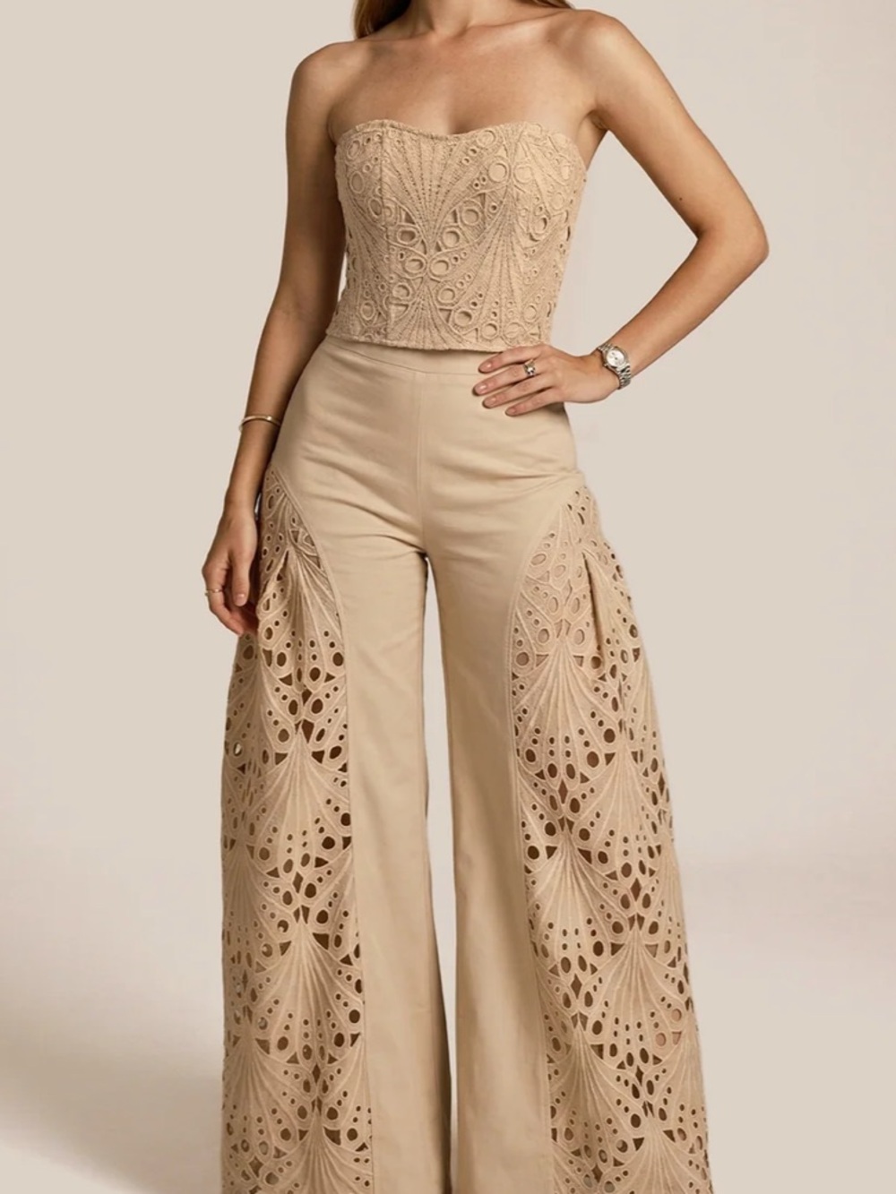 Commense Khaki Strapless Eyelet Wide-Leg Jumpsuit